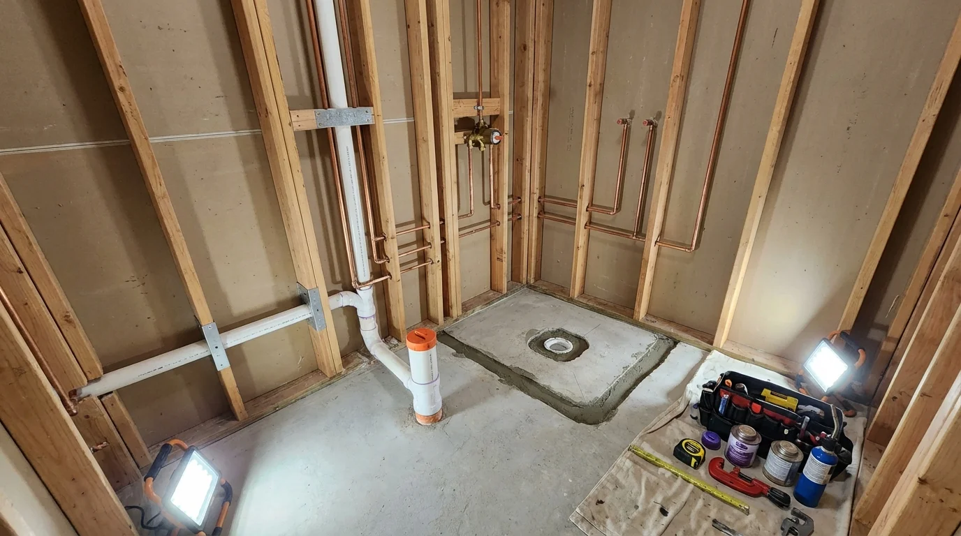 Bathroom rough-in plumbing during remodel by Johns Plumbing LLC in Lake Arthur