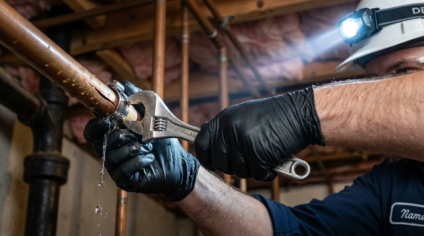 Emergency pipe clamp repair being performed by a Johns Plumbing LLC plumber in Lake Arthur