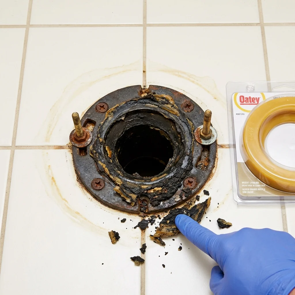 Failed wax ring showing water seepage at the base of a toilet in a Lake Arthur, LA home
