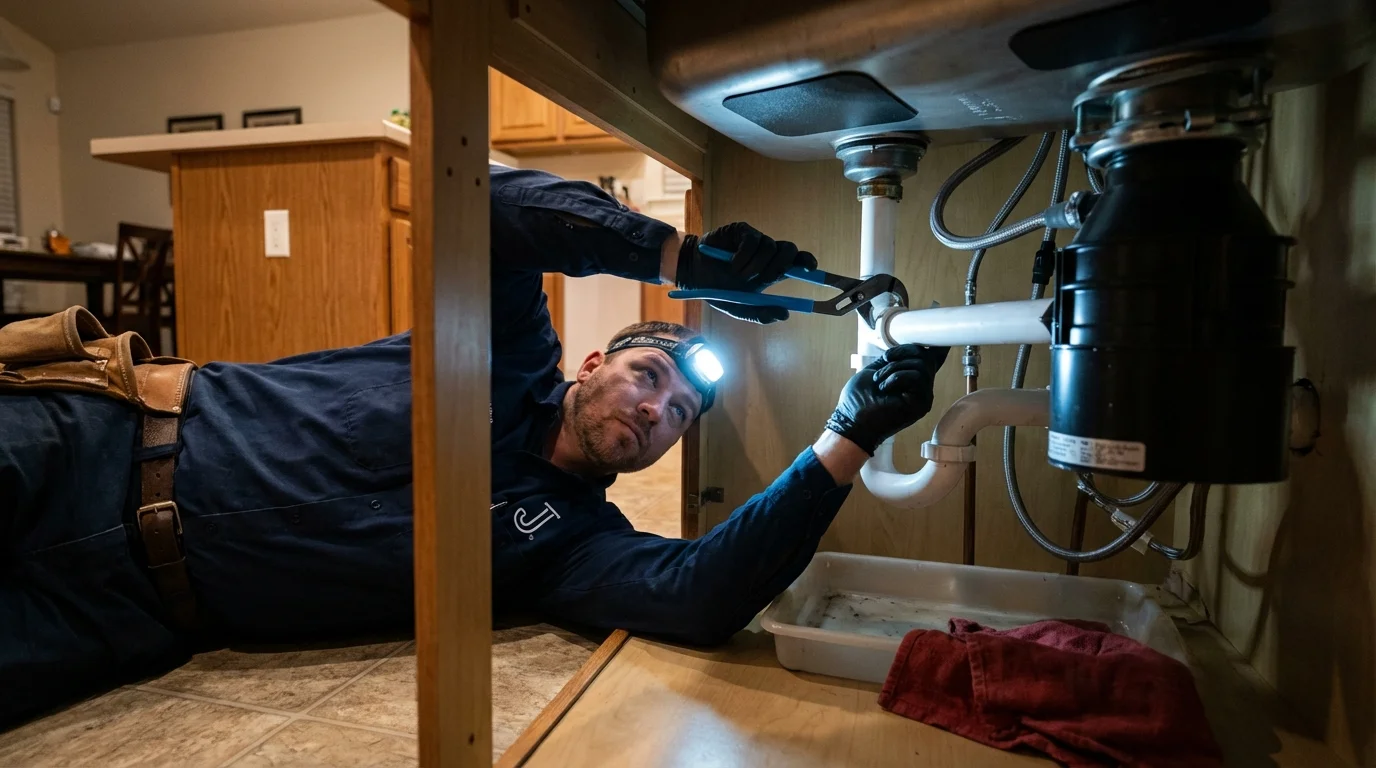 P-trap and supply line connections under a kitchen sink showing a common leak point in Lake Arthur, LA
